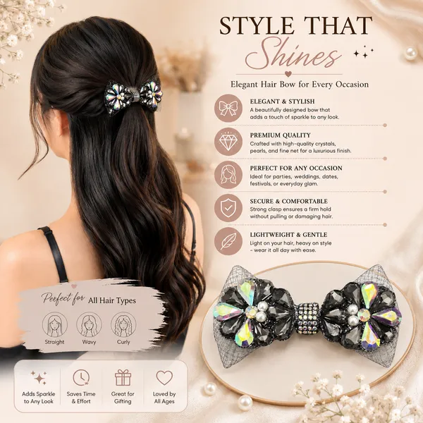 Black_Organza_Fabric_Pearls_Metal_Components_Hair_Bow_Clip_For_Women