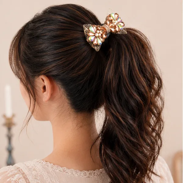 Peach_Organza_Fabric_Pearls_Metal_Components_Hair_Bow_Clip_For_Women