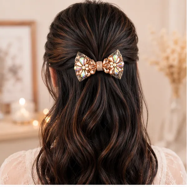 Peach_Organza_Fabric_Pearls_Metal_Components_Hair_Bow_Clip_For_Women