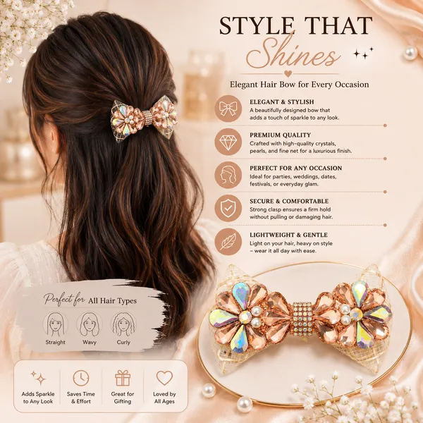 Peach_Organza_Fabric_Pearls_Metal_Components_Hair_Bow_Clip_For_Women
