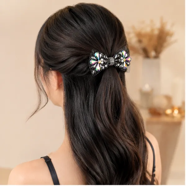 Black_Organza_Fabric_Pearls_Metal_Components_Hair_Bow_Clip_For_Women