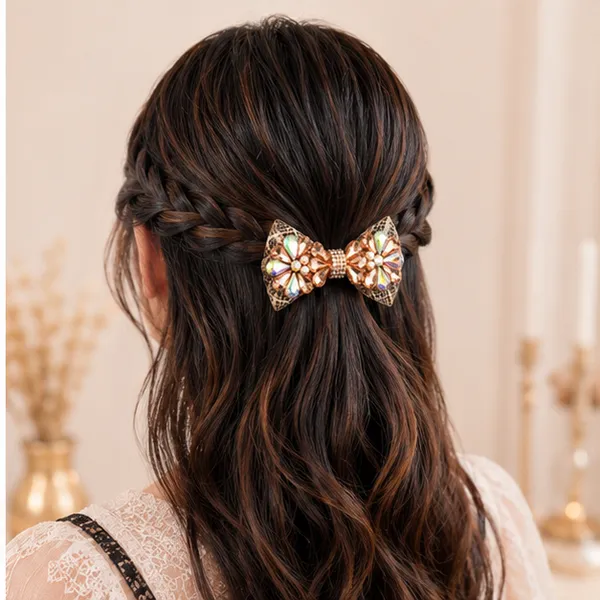 Peach_Organza_Fabric_Pearls_Metal_Components_Hair_Bow_Clip_For_Women