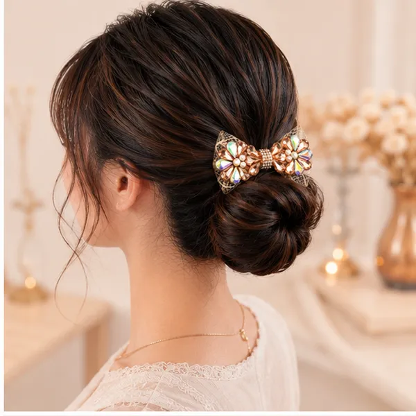 Peach_Organza_Fabric_Pearls_Metal_Components_Hair_Bow_Clip_For_Women