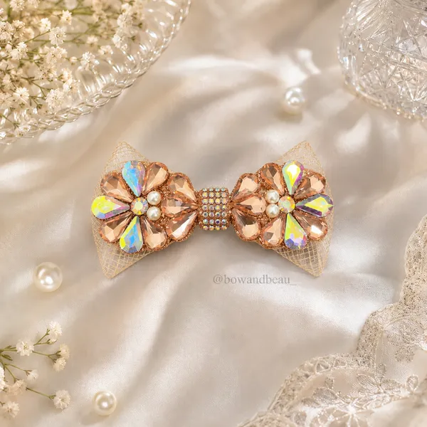 Peach_Organza_Fabric_Pearls_Metal_Components_Hair_Bow_Clip_For_Women