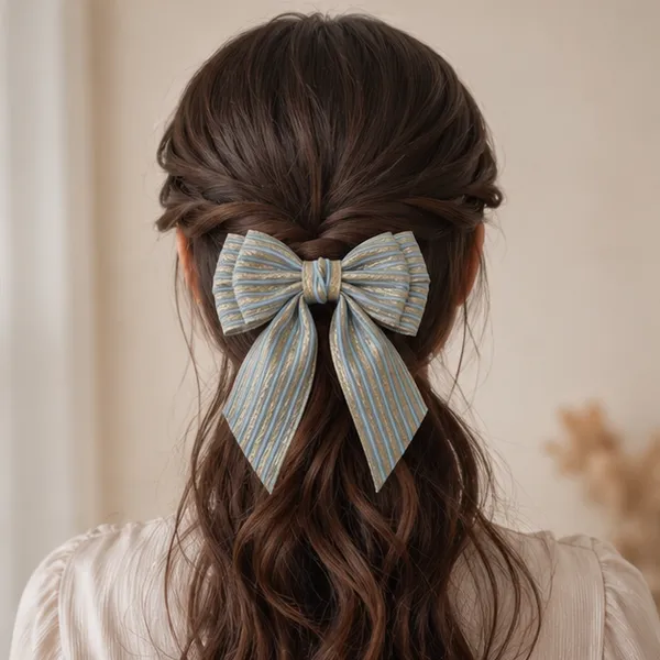 Premium_Blue_Striped_Hair_Bow_Clip_for_Women_&_Girls
