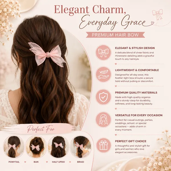 Premium_Pink_Organza_Hair_Bow_Clip_with_Rhinestone_Center