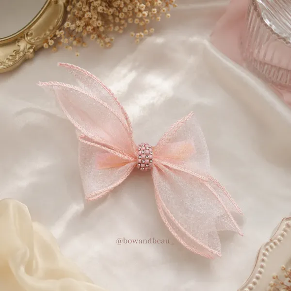 Premium_Pink_Organza_Hair_Bow_Clip_with_Rhinestone_Center