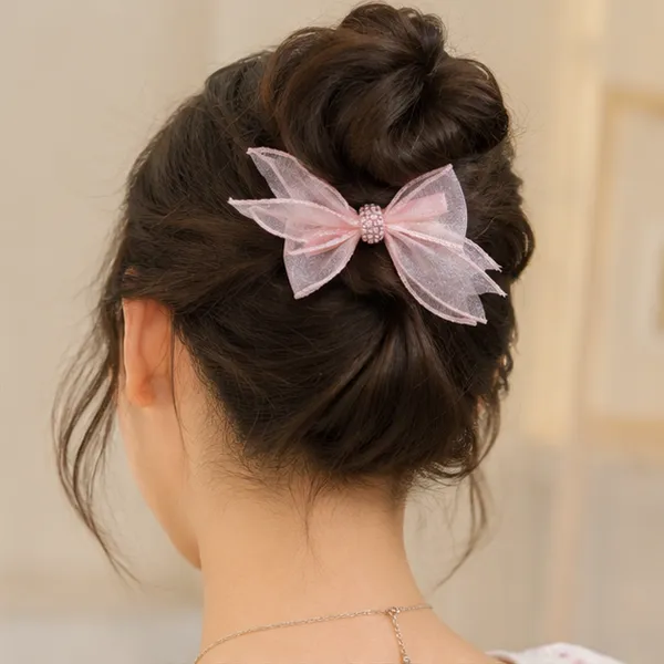Premium_Pink_Organza_Hair_Bow_Clip_with_Rhinestone_Center