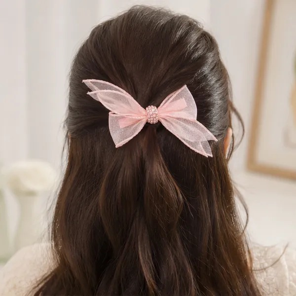 Premium_Pink_Organza_Hair_Bow_Clip_with_Rhinestone_Center