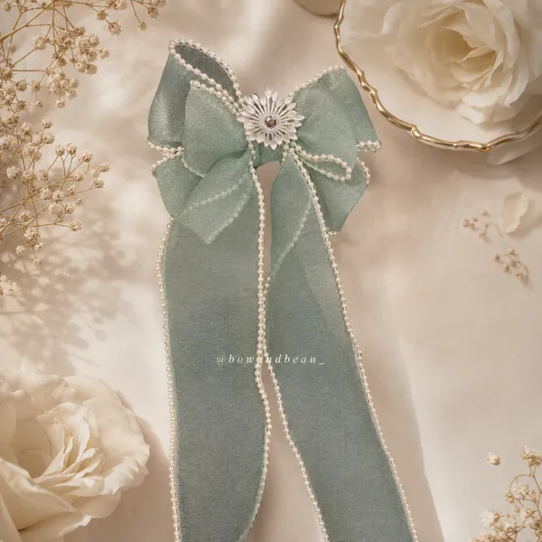 Premium_Sage_Green_Pearl_Trim_Long_Tail_Hair_Bow_Clip_for_Women_&_Girls