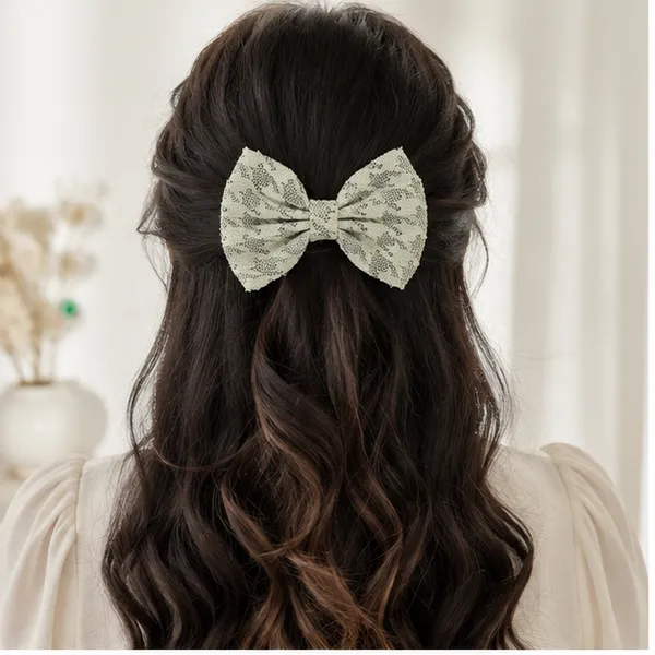 Green_Lace_Fabric_Ribbon_Metal_Clip_Hair_Bow_Clip_For_Women