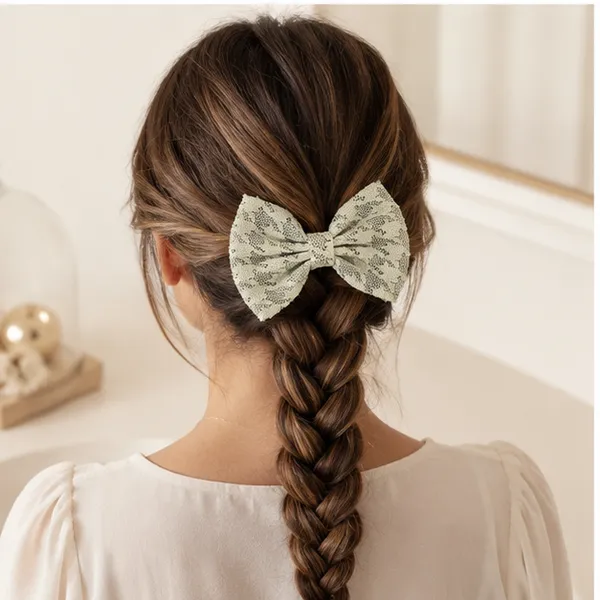 Green_Lace_Fabric_Ribbon_Metal_Clip_Hair_Bow_Clip_For_Women