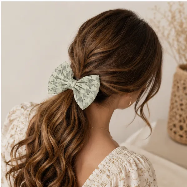 Green_Lace_Fabric_Ribbon_Metal_Clip_Hair_Bow_Clip_For_Women
