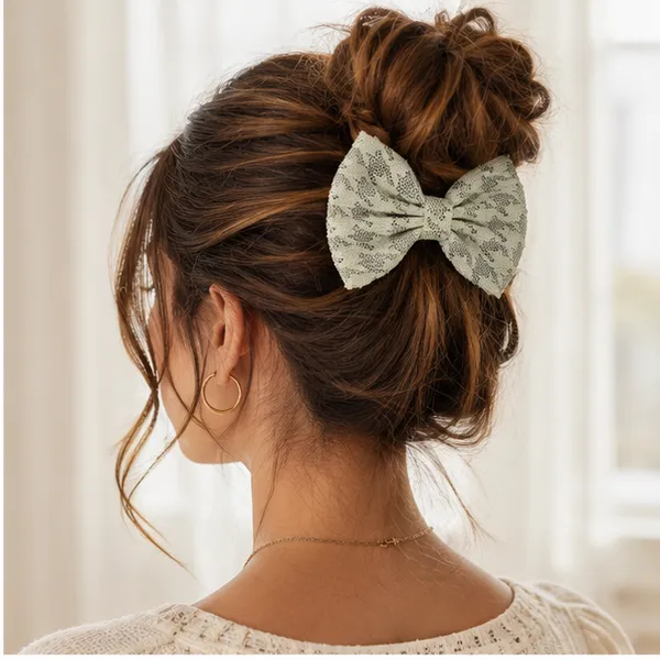 Green_Lace_Fabric_Ribbon_Metal_Clip_Hair_Bow_Clip_For_Women
