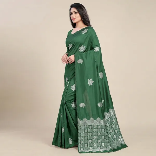 Green_Banarasi_Silk_Saree_With_Silver_Zari_Embroidery_And_Blouse