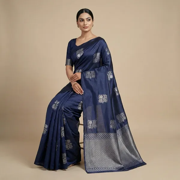 Navy_Blue_Banarasi_Silk_Saree_With_Silver_Zari_Work