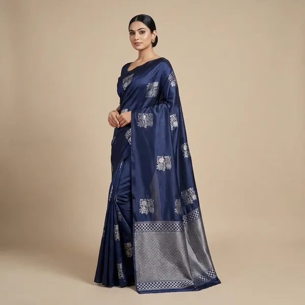 Navy_Blue_Banarasi_Silk_Saree_With_Silver_Zari_Work