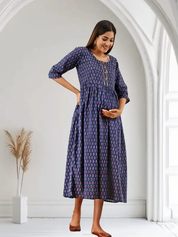 Blue_Pure_Cotton_Floral_Print_Regular_Dress_For_Women