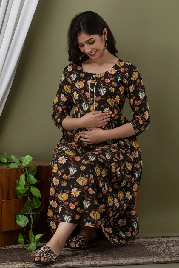 Black_Pure_Cotton_Floral_Print_Regular_Dress_For_Women