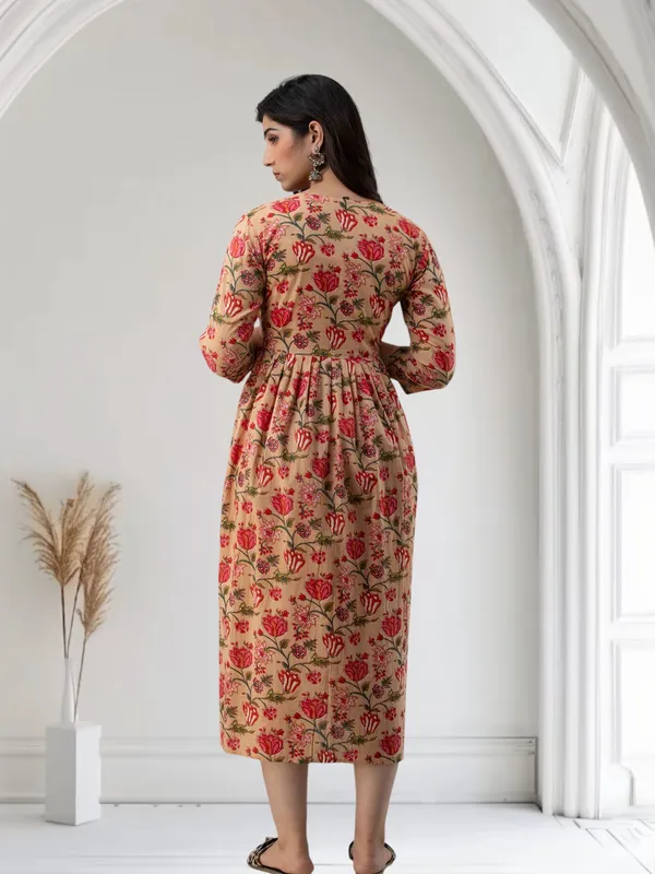Beige_Pure_Cotton_Floral_Print_Regular_Dress_For_Women