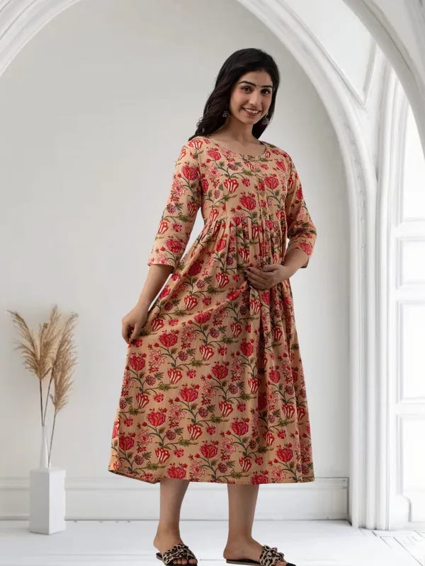 Beige_Pure_Cotton_Floral_Print_Regular_Dress_For_Women