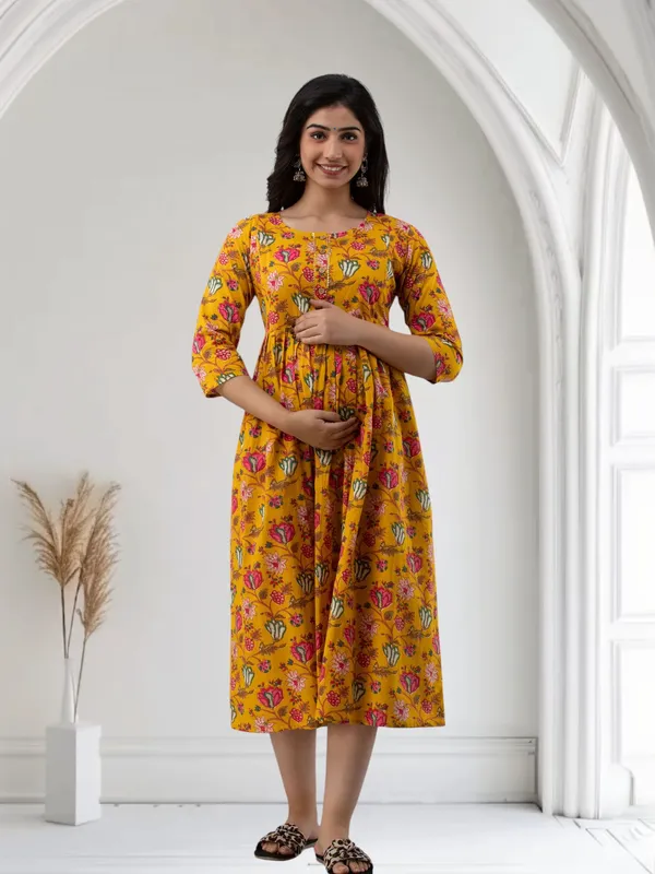 Yellow_Pure_Cotton_Floral_Print_Regular_Dress_For_Women