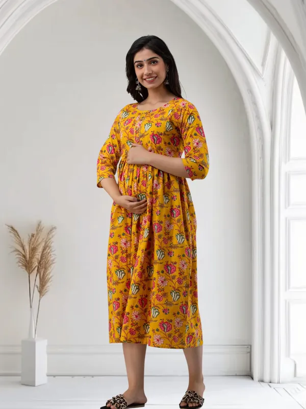 Yellow_Pure_Cotton_Floral_Print_Regular_Dress_For_Women