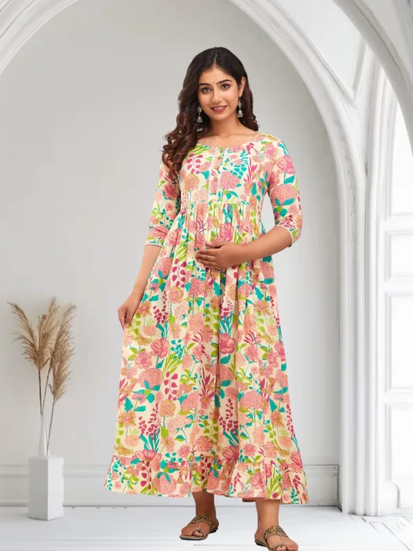 Beige_Pure_Cotton_Floral_Print_Regular_Dress_For_Women