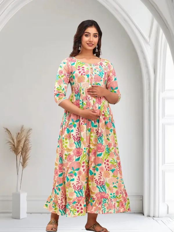 Beige_Pure_Cotton_Floral_Print_Regular_Dress_For_Women