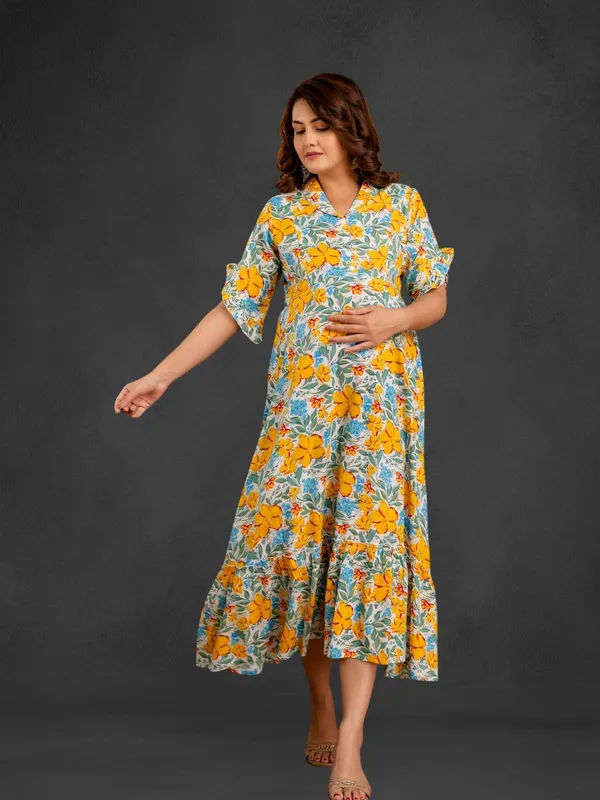 Yellow_Pure_Cotton_Floral_Print_Regular_Dress_For_Women