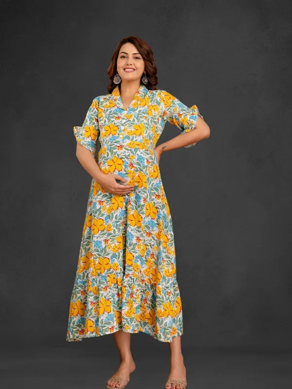 Yellow_Pure_Cotton_Floral_Print_Regular_Dress_For_Women