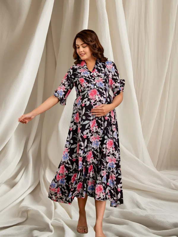 Black_Pure_Cotton_Floral_Print_Regular_Dress_For_Women