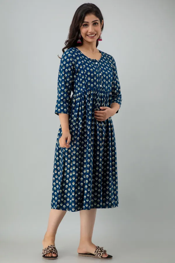 Blue_Cotton_Blend_Floral_Print_Regular_Kurta_For_Women
