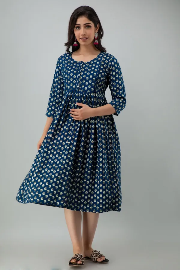 Blue_Cotton_Blend_Floral_Print_Regular_Kurta_For_Women