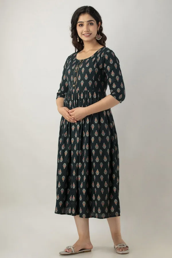 Dark_Green_Cotton_Rayon_Floral_Print_Regular_Kurta_For_Women