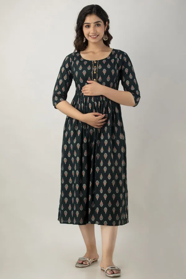 Dark_Green_Cotton_Rayon_Floral_Print_Regular_Kurta_For_Women