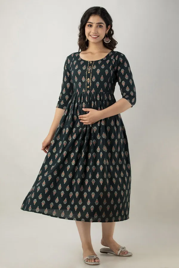 Dark_Green_Cotton_Rayon_Floral_Print_Regular_Kurta_For_Women