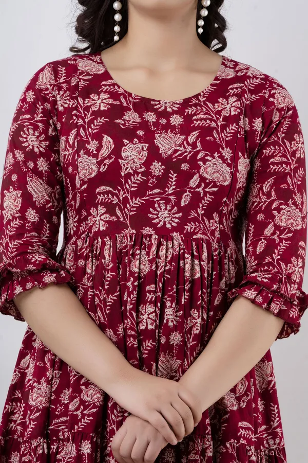 Maroon_And_White_Cotton_Blend_Printed_Regular_Dress_For_Women