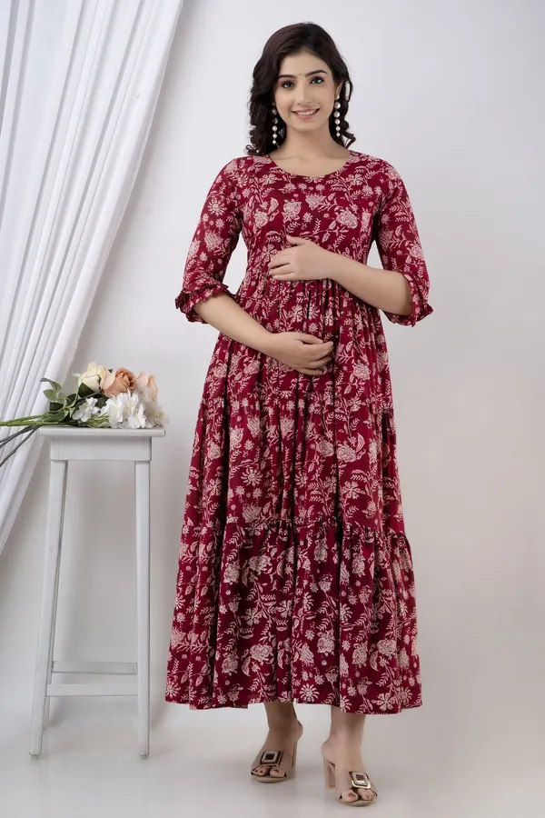 Maroon_And_White_Cotton_Blend_Printed_Regular_Dress_For_Women