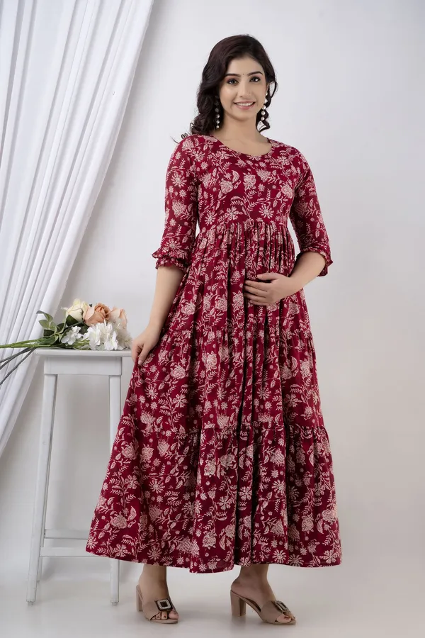 Maroon_And_White_Cotton_Blend_Printed_Regular_Dress_For_Women