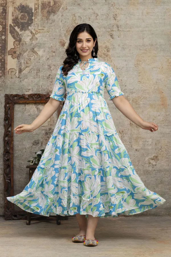 White_Cotton_Rayon_Floral_Print_Regular_Gown_For_Women