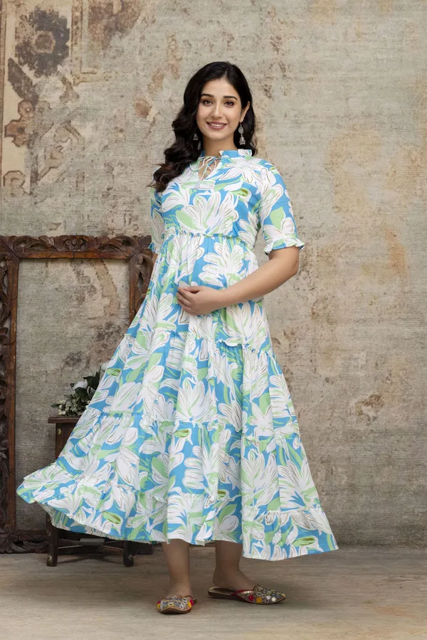 White_Cotton_Rayon_Floral_Print_Regular_Gown_For_Women
