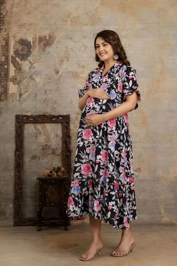 Black_Pure_Cotton_Floral_Print_Regular_Dress_For_Women