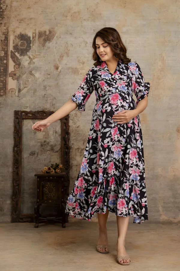Black_Pure_Cotton_Floral_Print_Regular_Dress_For_Women