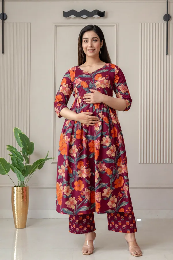 Maroon_Pure_Cotton_Floral_Print_Regular_Kurta_Palazzo_Set_For_Women