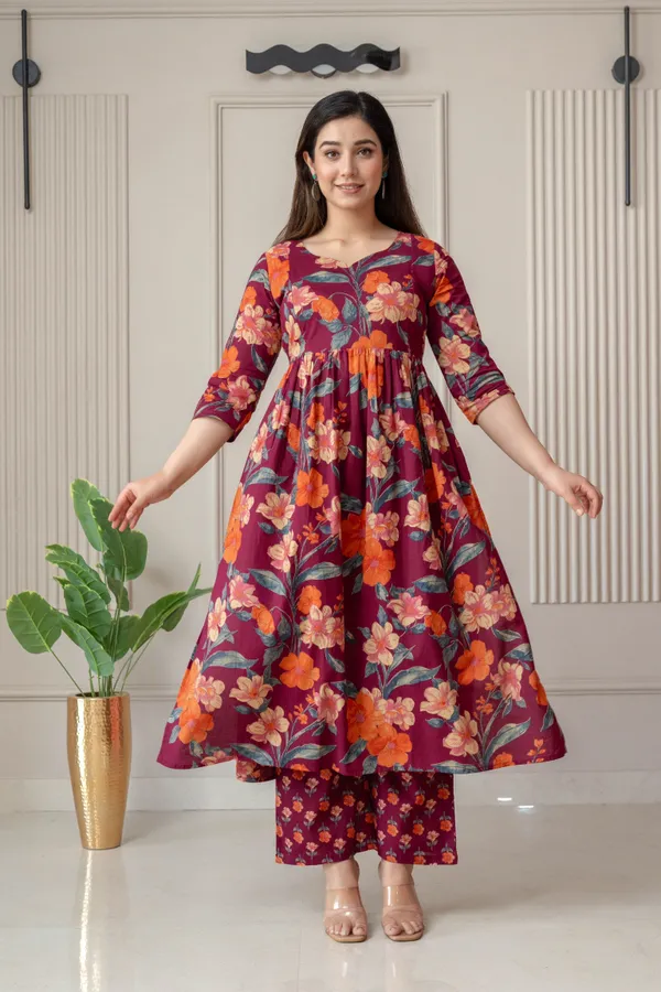 Maroon_Pure_Cotton_Floral_Print_Regular_Kurta_Palazzo_Set_For_Women
