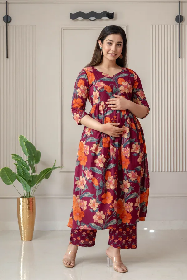 Maroon_Pure_Cotton_Floral_Print_Regular_Kurta_Palazzo_Set_For_Women