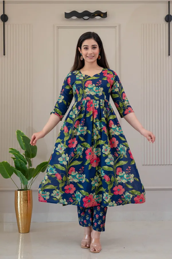 Blue_Pure_Cotton_Floral_Print_Regular_Kurta_Palazzo_Set_For_Women