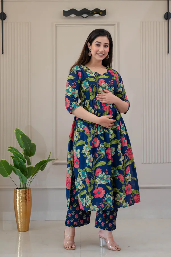 Blue_Pure_Cotton_Floral_Print_Regular_Kurta_Palazzo_Set_For_Women