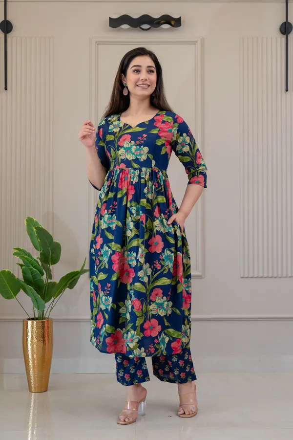 Blue_Pure_Cotton_Floral_Print_Regular_Kurta_Palazzo_Set_For_Women